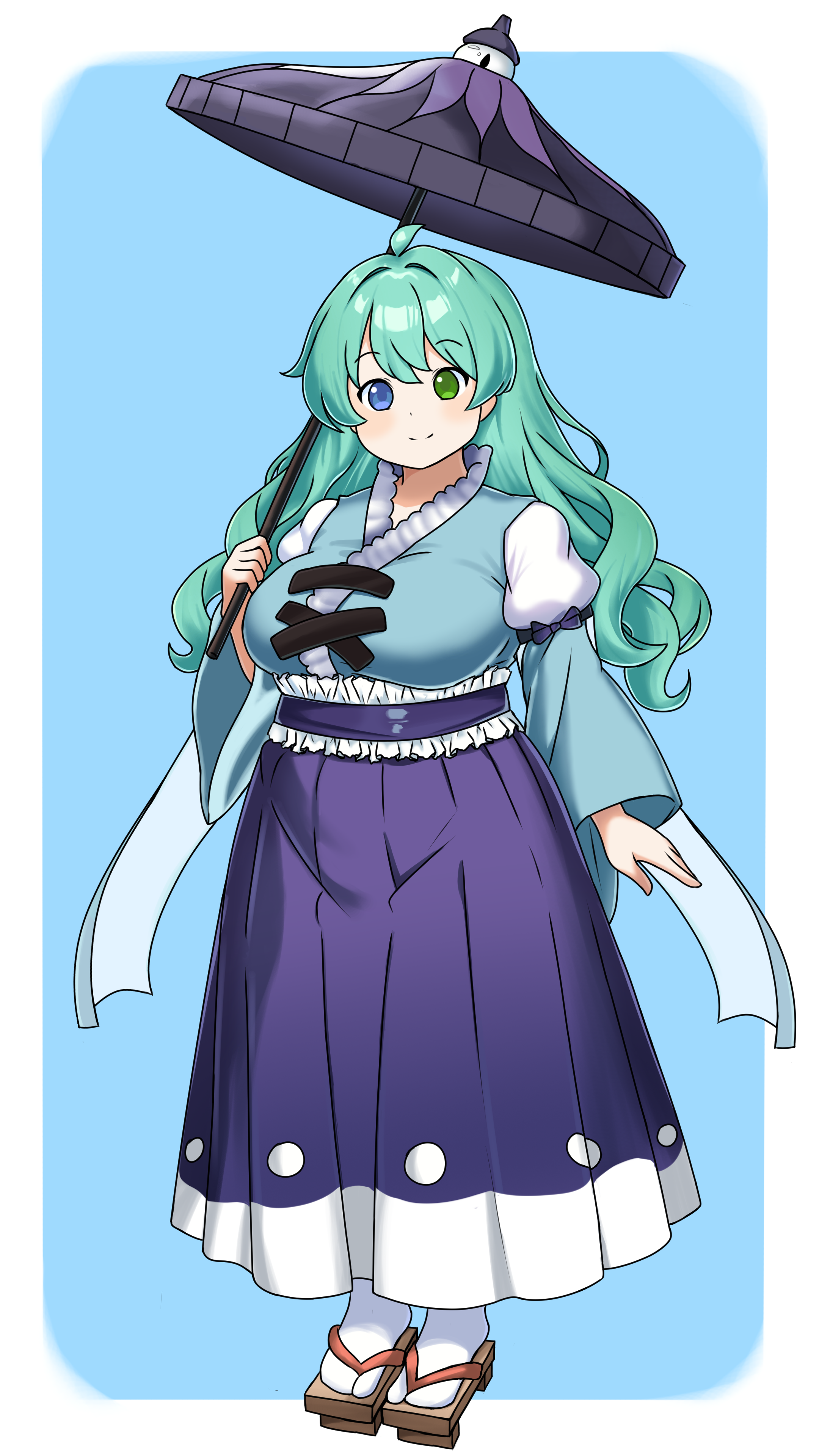 burukyu, original, absurdres, commentary, commission, english commentary, highres, 1girl, ahoge, blue background, border, breasts, brown shoes, closed mouth, cross-laced clothes, full body, geta, heterochromia, holding, holding umbrella, juliet sleeves, long sleeves, looking at viewer, puffy sleeves, purple skirt, shoes, simple background, skirt, smile, standing, umbrella, white border