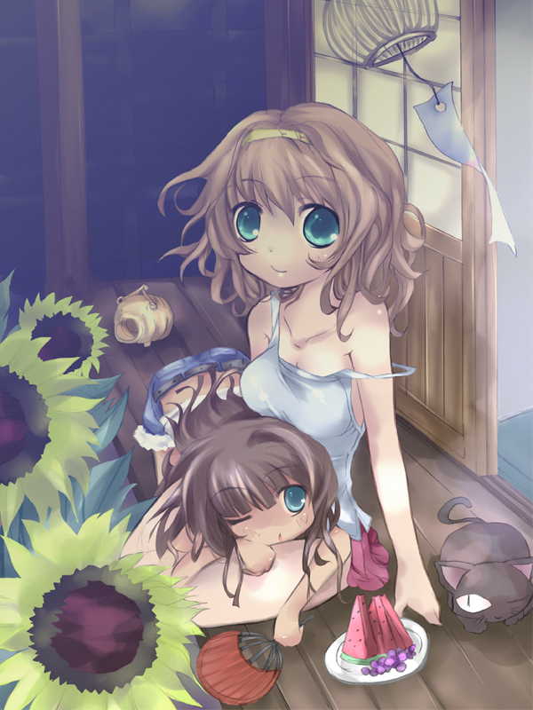 hoshikuzu, bad id, bad pixiv id, 2girls, aqua eyes, atop, brown hair, cat, denim, flower, food, fruit, grapes, green eyes, hand fan, incense, lap pillow, long hair, midriff, multiple girls, one eye closed, paper fan, pig, porch, short hair, shorts, shouji, sitting, skirt, sliding doors, smile, strap slip, sunflower, tank top, uchiwa, veranda, watermelon, wind chime, wink