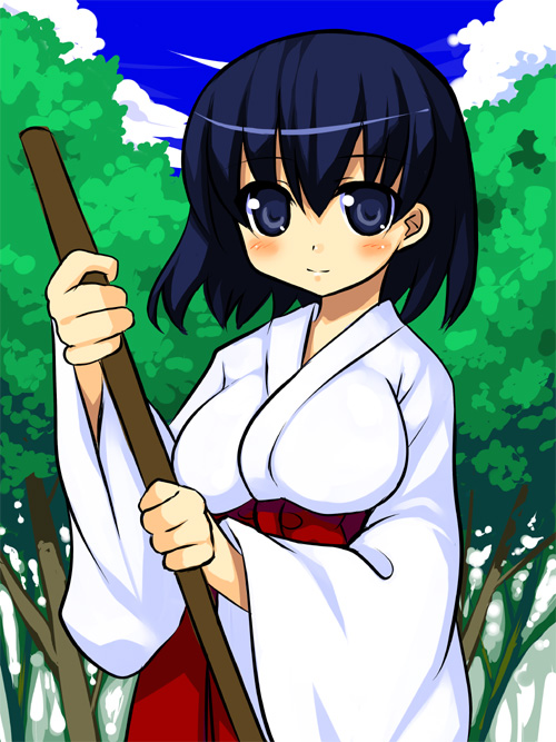 kagura mizuki, original, 1girl, black hair, blue eyes, blue sky, blush, broom, cowboy shot, day, female focus, hakama, hakama skirt, japanese clothes, kimono, long sleeves, looking at viewer, miko, outdoors, red hakama, red skirt, short hair, skirt, sky, solo