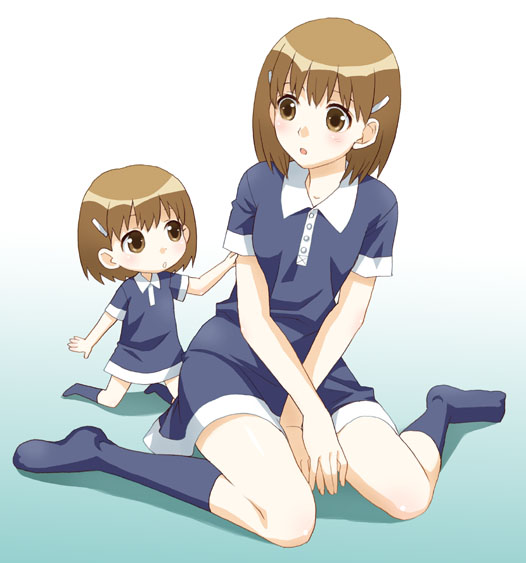 mattaku mousuke, brown eyes, brown hair, hair ornament, hairclip, kneehighs, socks
