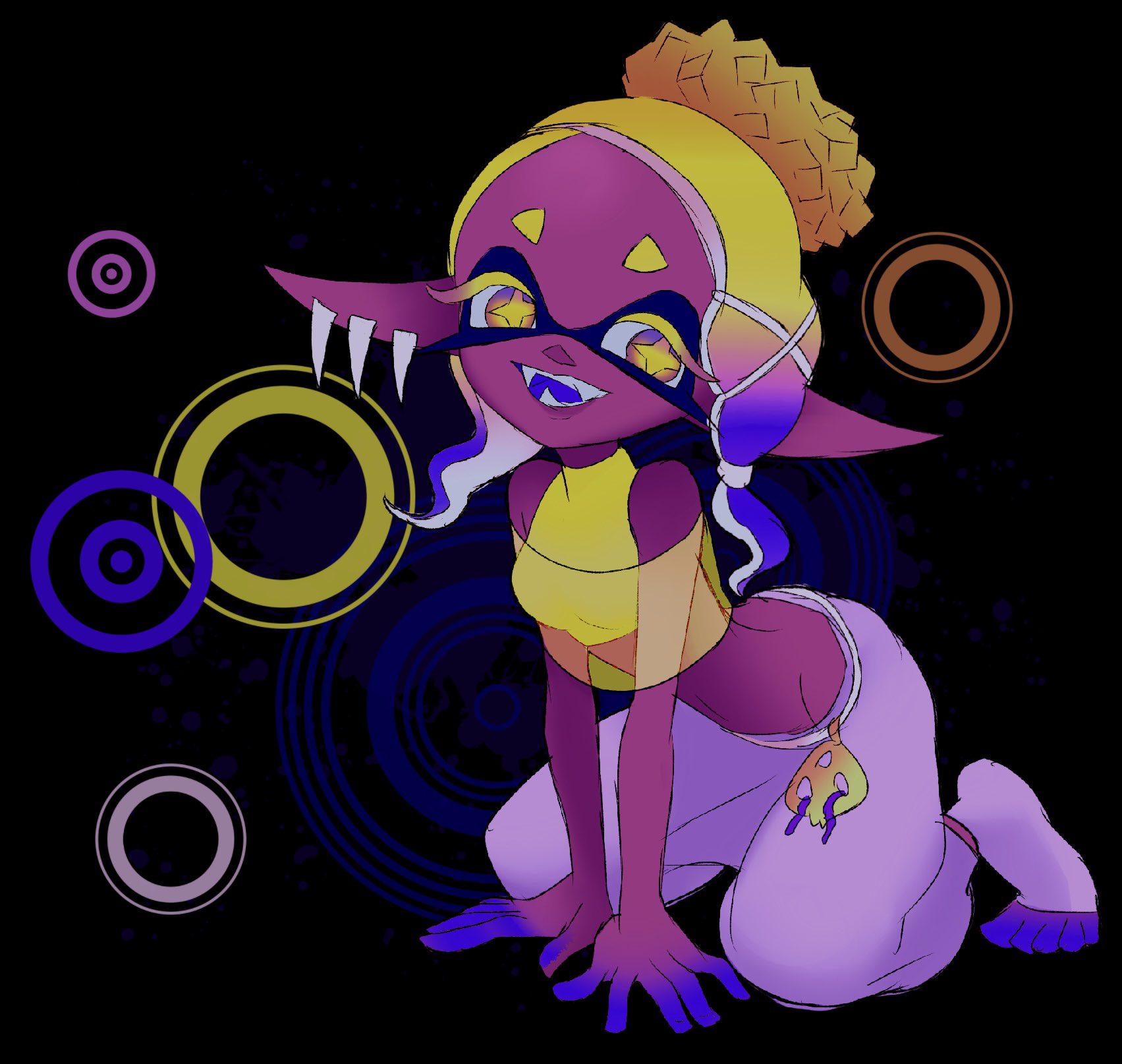 frye (deep cut outfit) (splatoon), frye (splatoon), nintendo, splatoon (series), splatoon 3, highres, + +, 1girl, baggy clothes, baggy pants, belt, black background, blonde hair, circle, colored eyelashes, colored mouth, crop top, diamond-shaped pupils, diamond (shape), earrings, fangs, fangs out, gradient hair, inkling, invisible chair, jewelry, multicolored eyes, multicolored hair, multiple earrings, open mouth, pants, pointy ears, rope belt, see-through clothes, see-through shawl, shawl, shirt, short eyebrows, simple background, sitting, sleeveless, smile, socks, symbol-shaped pupils, teeth, tentacle hair, thick eyebrows, toeless legwear, turtleneck, wamairii, wavy hair, yellow eyes, yellow shirt
