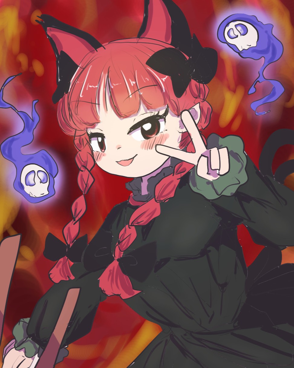 seisumochi, kaenbyou rin, touhou, highres, 1girl, animal ears, blush, cat ears, cat girl, dress, extra ears, green dress, hitodama, looking at viewer, red background, red eyes, red hair, solo, v, zun (style)
