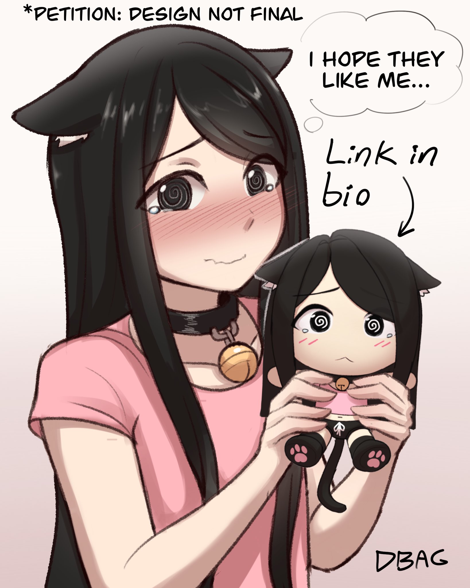 dbag (dbagdraws), nikko (dbag), original, commentary, english commentary, highres, 1boy, @ @, animal ears, bell, black collar, black eyes, black hair, blush, cat boy, cat ears, character doll, closed mouth, collar, doll, english text, holding, holding doll, long hair, looking at viewer, male focus, neck bell, parted bangs, pink shirt, shirt, short sleeves, simple background, solo, speech bubble, tearing up, thought bubble, trap, upper body, wavy mouth, white background