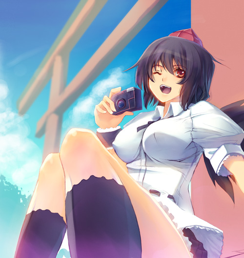hisagi hotaru, shameimaru aya, touhou, bad id, bad pixiv id, 1girl, black hair, black wings, breasts, camera, female focus, hat, large breasts, looking at viewer, one eye closed, open mouth, red eyes, shirt, short hair, skirt, smile, solo, tokin hat, torii, wings, wink