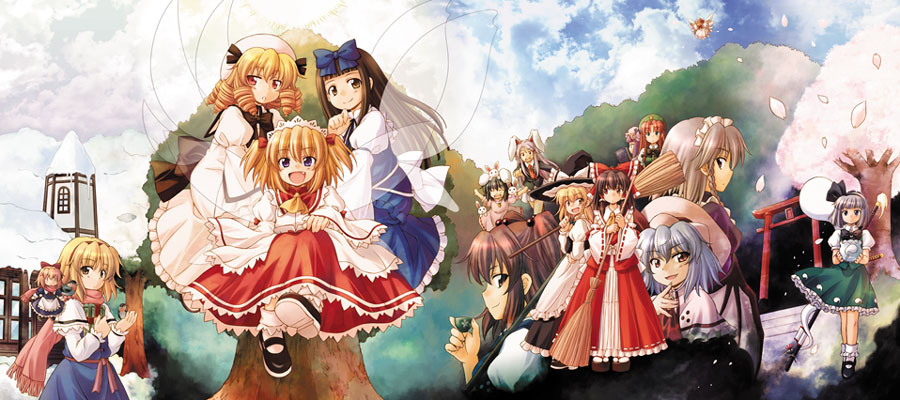 hirasaka makoto, alice margatroid, hakurei reimu, hong meiling, inaba tewi, izayoi sakuya, kirisame marisa, konpaku youmu, konpaku youmu (ghost), luna child, reisen udongein inaba, remilia scarlet, shameimaru aya, star sapphire, sunny milk, touhou, touhou sangetsusei, 6+girls, animal ears, blonde hair, braid, everyone, female focus, multiple girls, okobo, platform sandals, rabbit, rabbit ears, sandals, sheath, sheathed, twin braids, two side up