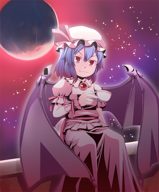 masuneko, remilia scarlet, touhou, bad id, bad pixiv id, 1girl, bat wings, blue hair, brooch, cup, female focus, hat, jewelry, moon, outdoors, red eyes, red moon, ribbon, short hair, skirt, sky, solo, teacup, wings, wrist cuffs