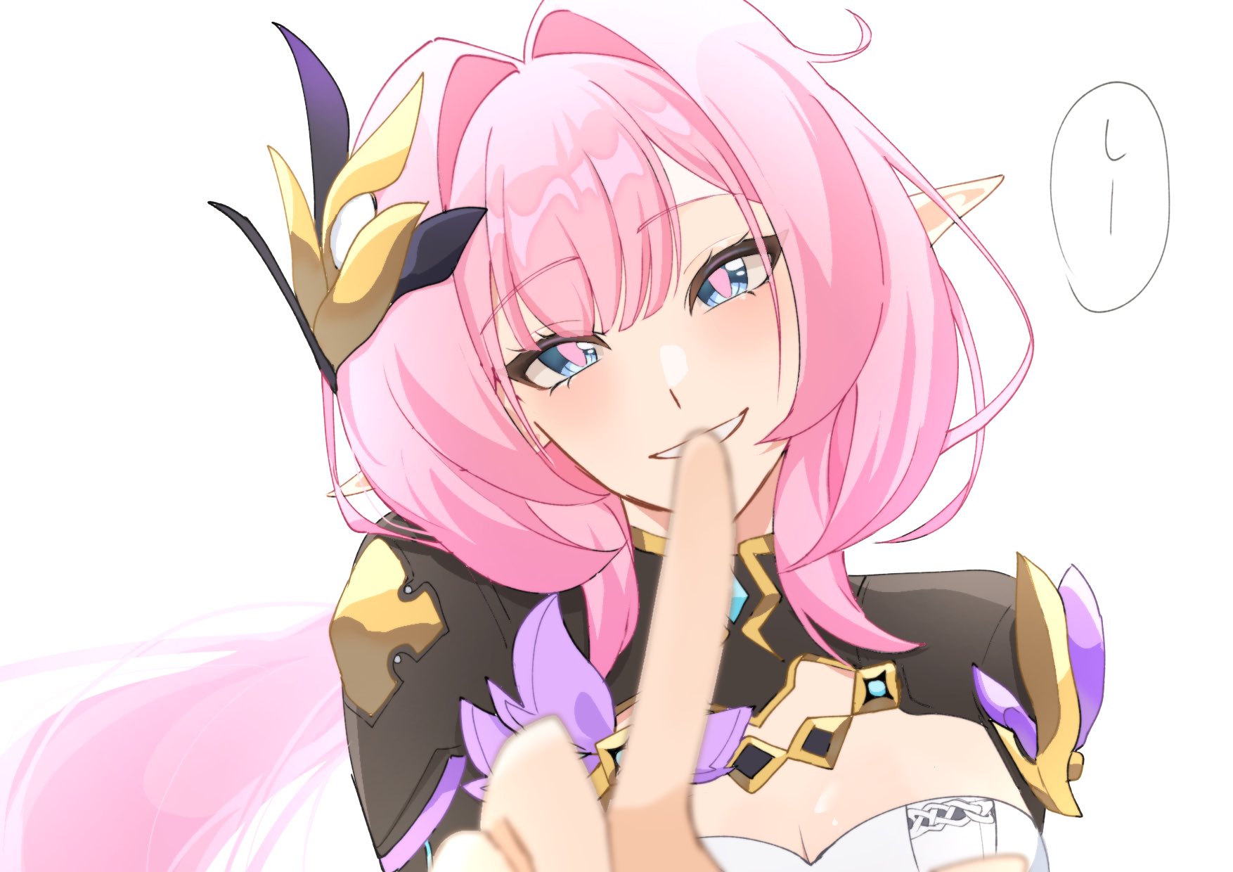 elysia (honkai impact), elysia (miss pink elf) (honkai impact), honkai (series), honkai impact 3rd, commentary request, highres, 1girl, 332e e, blue eyes, breasts, cleavage, corset, elf, hair intakes, hair ornament, large breasts, long hair, looking at viewer, pink hair, pointy ears, shrug (clothing), simple background, smile, solo, speech bubble, upper body, very long hair, white background, white corset