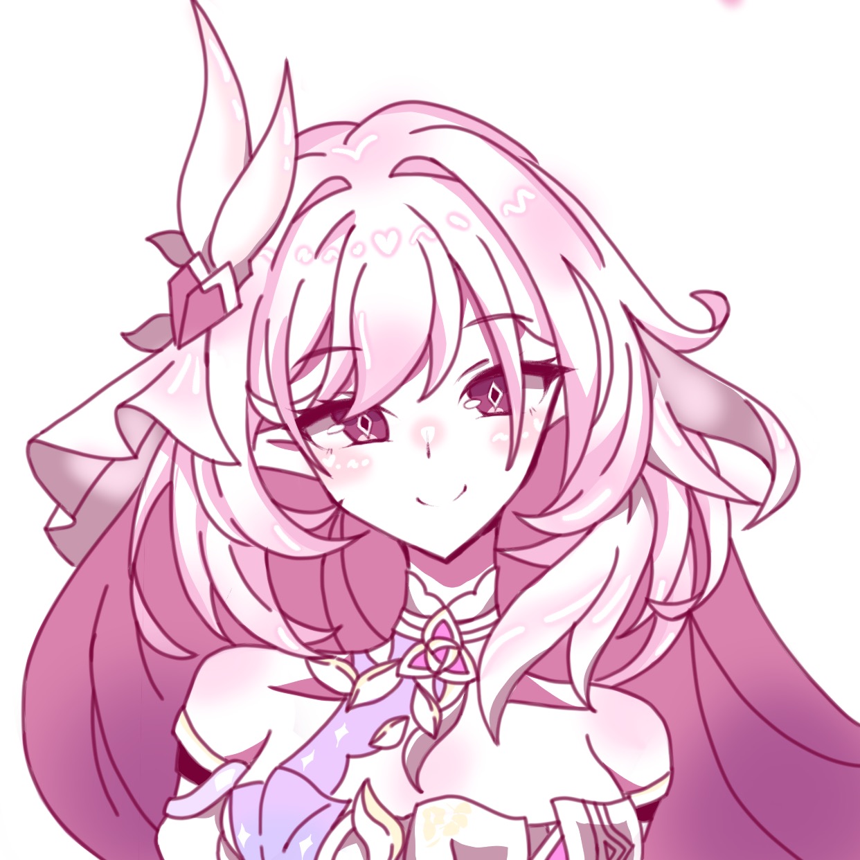 elysia (herrscher of human: ego) (honkai impact), elysia (honkai impact), honkai (series), honkai impact 3rd, chinese commentary, commentary request, highres, 1girl, bare shoulders, breasts, corset, diamond-shaped pupils, diamond (shape), elf, hair ornament, huang84780, large breasts, long hair, looking at viewer, multicolored hair, pink hair, pointy ears, purple eyes, simple background, smile, solo, symbol-shaped pupils, triquetra, two-tone hair, upper body, very long hair, white background, white corset, white hair