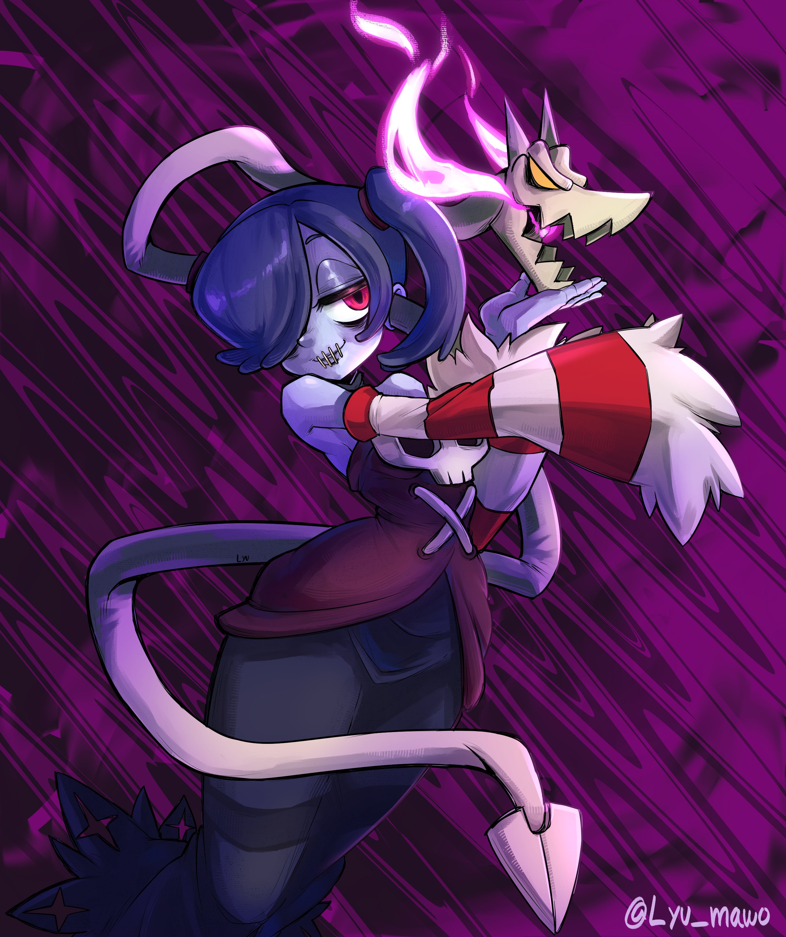 leviathan (skullgirls), squigly (skullgirls), skullgirls, absurdres, highres, 1girl, bags under eyes, blue hair, blue skin, colored skin, cowboy shot, detached collar, detached sleeves, dress, hair over one eye, half-closed eyes, hand up, looking to the side, lyu mawo, purple background, red eyes, smile, solo, stitched mouth, stitches, striped sleeves, wide hips, zombie