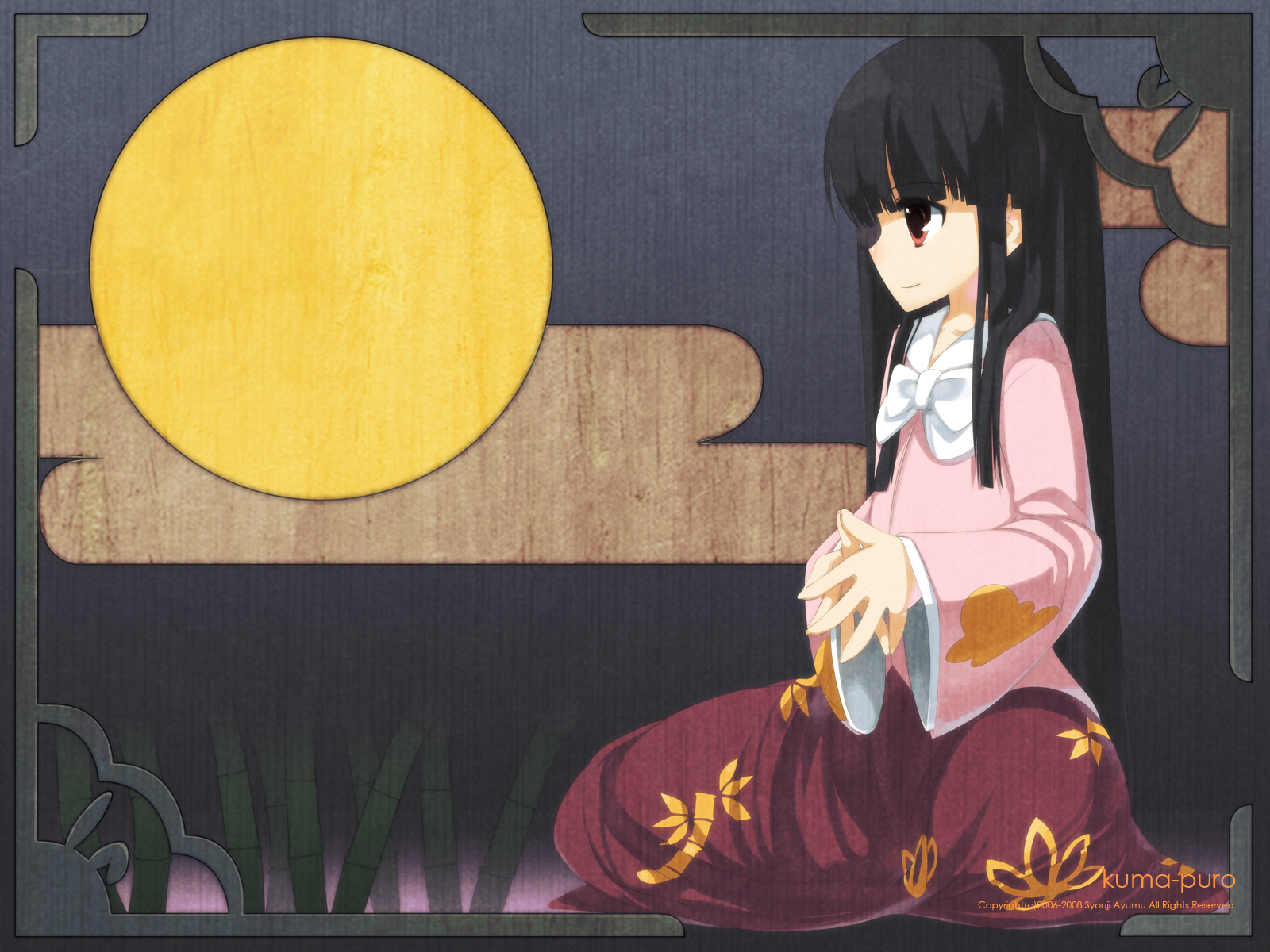 shouji ayumu, houraisan kaguya, team shanghai alice, touhou, highres, 1girl, blouse, bow, bowtie, cloud, female focus, from side, full body, full moon, long sleeves, moon, own hands together, red eyes, shirt, sidelocks, sitting, smile, solo, white bow, white bowtie