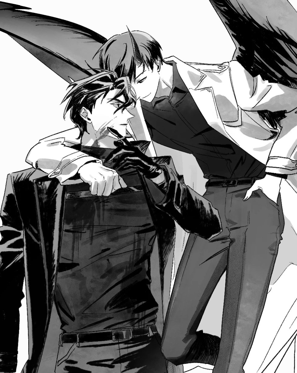 kim dokja, yoo joonghyuk, omniscient reader's viewpoint, highres, 2boys, arm around neck, belt, bent over, black coat, black eyes, black gloves, black hair, black shirt, black wings, blood, blood on face, coat, collared shirt, contrapposto, demon horns, eyesoffyou0003, feathered wings, floating, gloves, greyscale, hair between eyes, hand in pocket, horns, looking at another, male focus, monochrome, multiple boys, official alternate costume, open clothes, open coat, popped collar, serious, shirt, short hair, smirk, white coat, wings