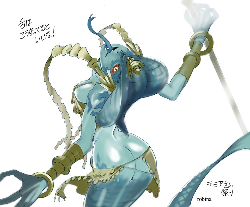 robina, final fantasy, final fantasy xi, translated, 00s, 1girl, ass, blue skin, breasts, colored skin, female focus, forked tongue, lamia, live hood, monster girl, red eyes, scales, simple background, solo, tongue