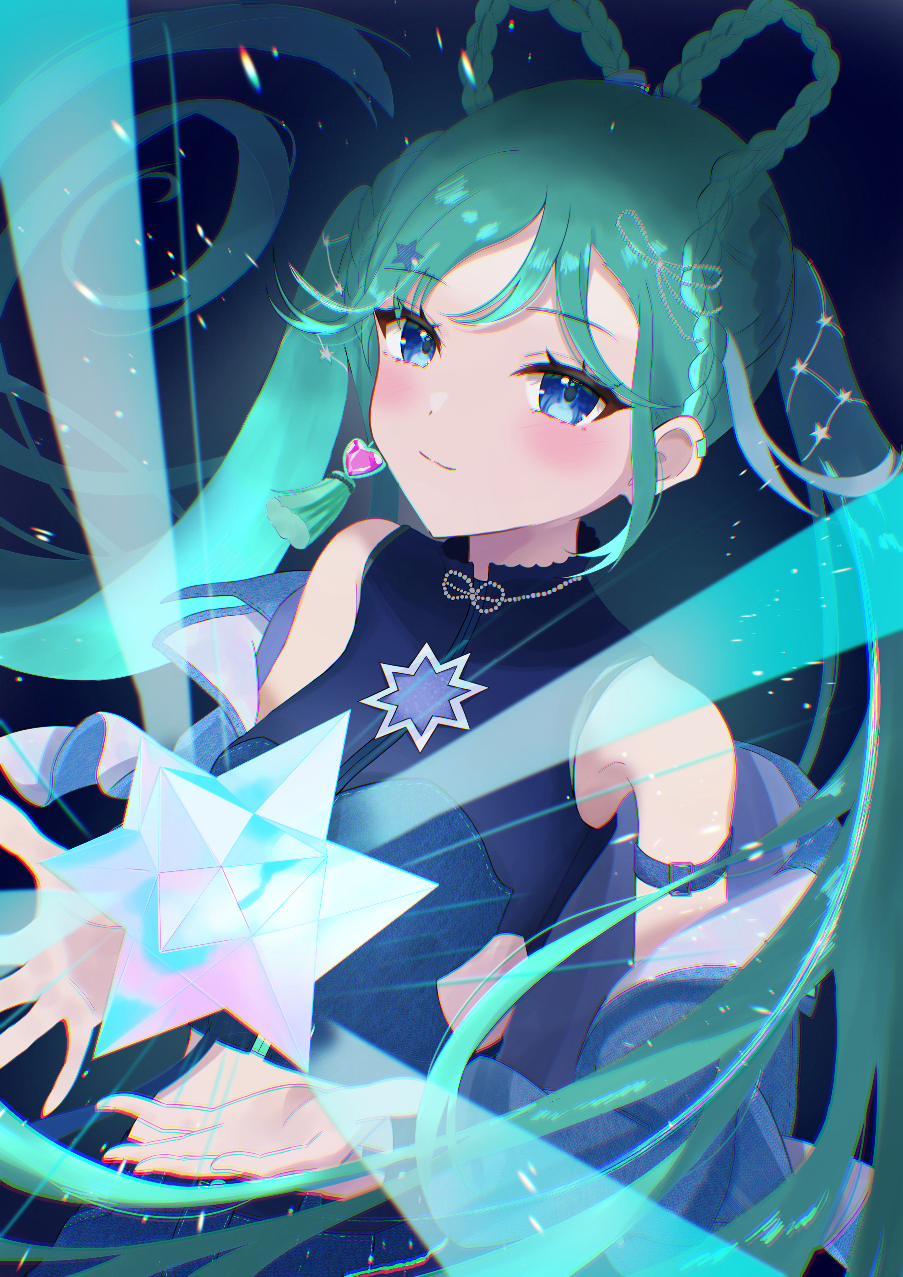 hatsune miku, magical mirai miku, magical mirai miku (2025), magical mirai (vocaloid), vocaloid, absurdres, highres, 1girl, aqua hair, blue eyes, blue jacket, blush, braid, braided hair rings, breasts, closed mouth, crop top, earrings, hair ornament, hair rings, heart, heart earrings, jacket, jewelry, long sleeves, looking at viewer, lustrous (vocaloid), medium breasts, neoche, official alternate costume, official alternate hairstyle, open clothes, open jacket, shirt, single earring, sleeveless, sleeveless shirt, small stellated dodecahedron, smile, solo, star (symbol), star hair ornament