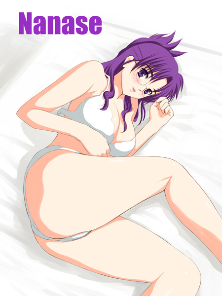 niwatori kokezou, matsuura nanase, macross, macross frontier, 00s, ass, blush, bra, breasts, glasses, huge breasts, large breasts, lingerie, long hair, lying, panties, purple eyes, purple hair, solo, underwear, underwear only