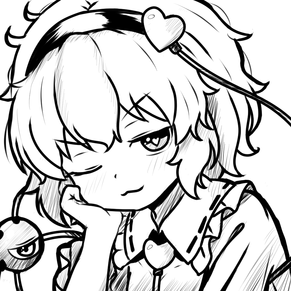 burukyu, komeiji satori, touhou, commentary, english commentary, 1girl, closed mouth, greyscale, hairband, heart, heart-shaped pupils, looking at viewer, monochrome, one eye closed, simple background, solo, symbol-shaped pupils, third eye, upper body, v-shaped eyebrows