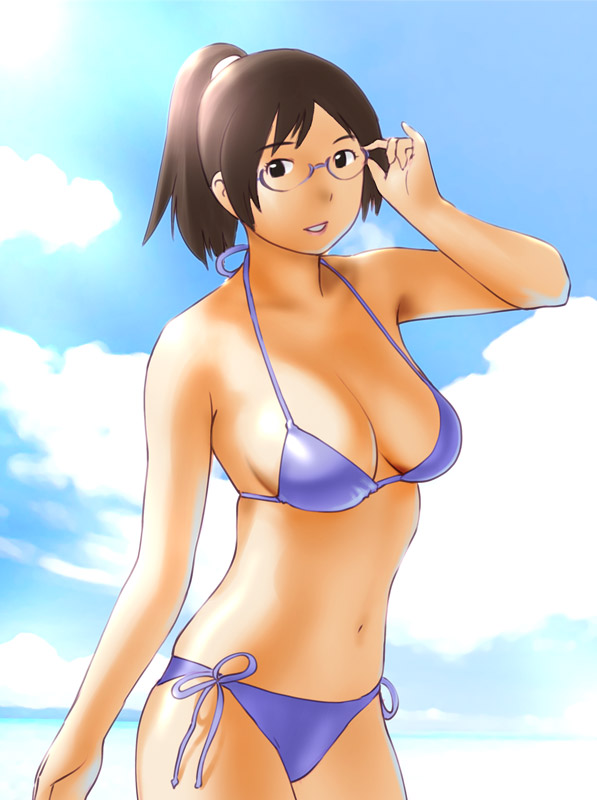 ueyama michirou, holon, real drive, 1girl, adjusting eyewear, bikini, breasts, brown hair, female focus, glasses, large breasts, ponytail, purple bikini, side-tie bikini bottom, solo, swimsuit