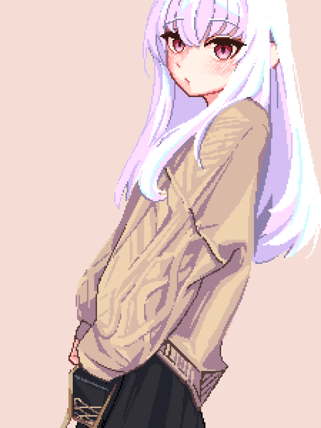 yiricannon, lysithea von ordelia, fire emblem, fire emblem: three houses, nintendo, highres, 1girl, alternate costume, bag, black skirt, blush, hair between eyes, handbag, holding, holding bag, long hair, looking at viewer, pink eyes, pixel art, simple background, skirt, solo, white hair
