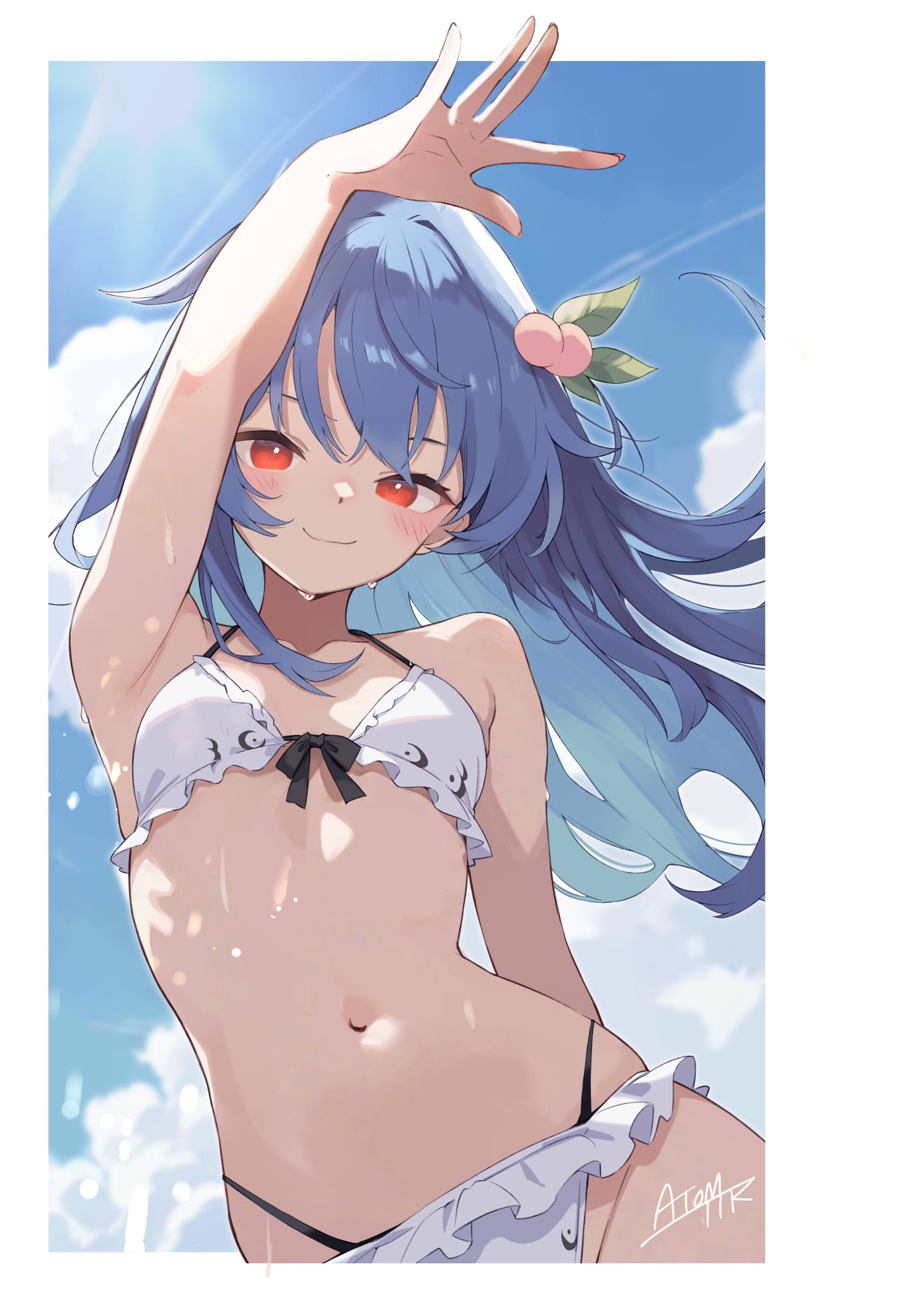 tetsurou (fe+), hinanawi tenshi, touhou, commentary request, highres, 1girl, adapted costume, bikini, blue hair, blue sky, blush, breasts, closed mouth, cloud, frilled bikini, frills, long hair, looking at viewer, navel, outdoors, peach hat ornament, red eyes, signature, sky, small breasts, smile, solo, swimsuit, white bikini