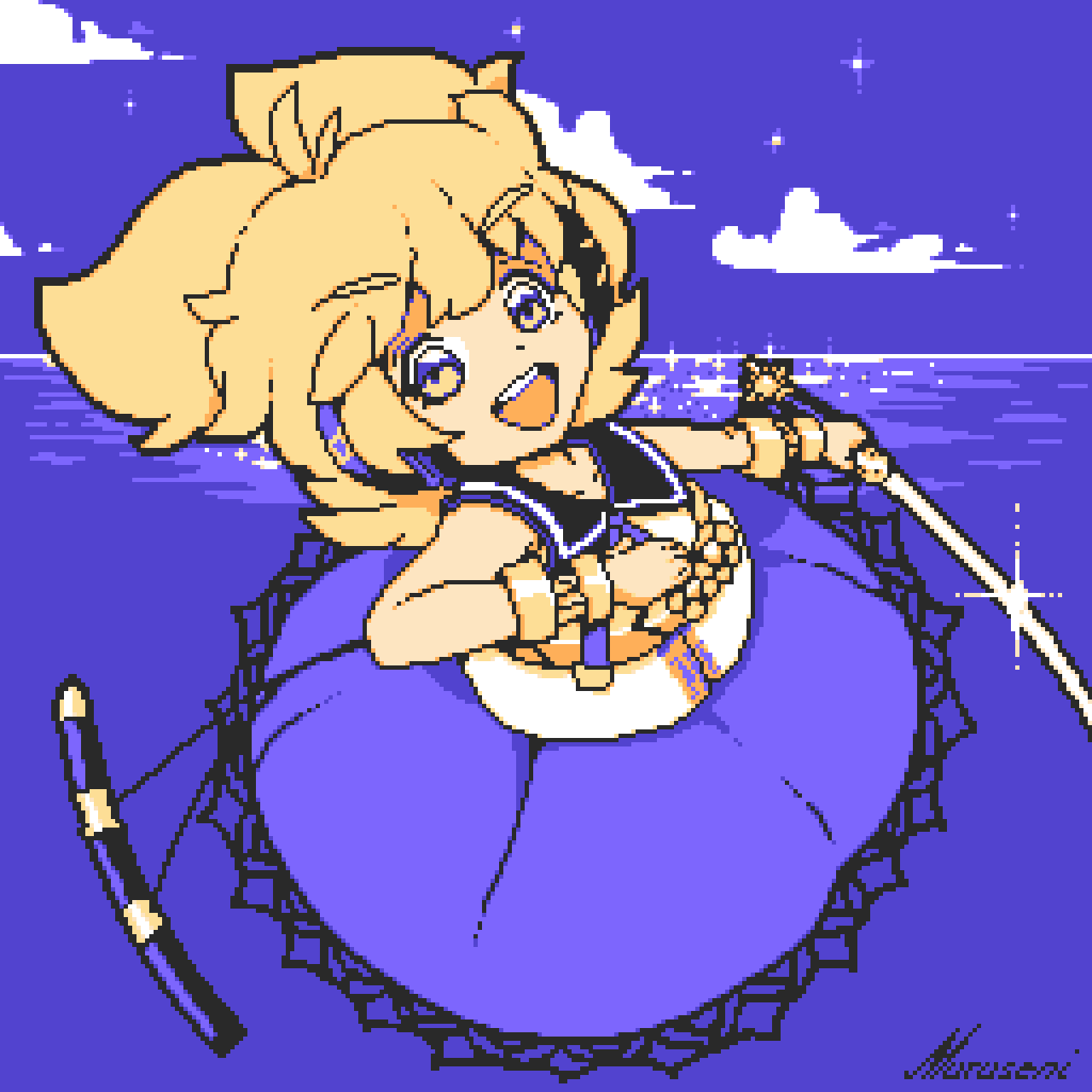 murusenimikko, toyosatomimi no miko, touhou, commentary, highres, 1girl, bracelet, brown eyes, brown hair, cloud, earmuffs, holding, holding sword, holding weapon, horizon, jewelry, looking at viewer, ocean, open mouth, outdoors, pixel art, pointy ears, purple skirt, short hair, signature, skirt, sleeveless, solo, sword, teeth, upper teeth only, weapon