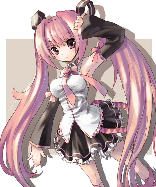 katahira masashi, hatsune miku, usada hikaru, di gi charat, vocaloid, armpits, detached sleeves, long hair, pink hair, red eyes, ribbon, skirt, solo, twintails