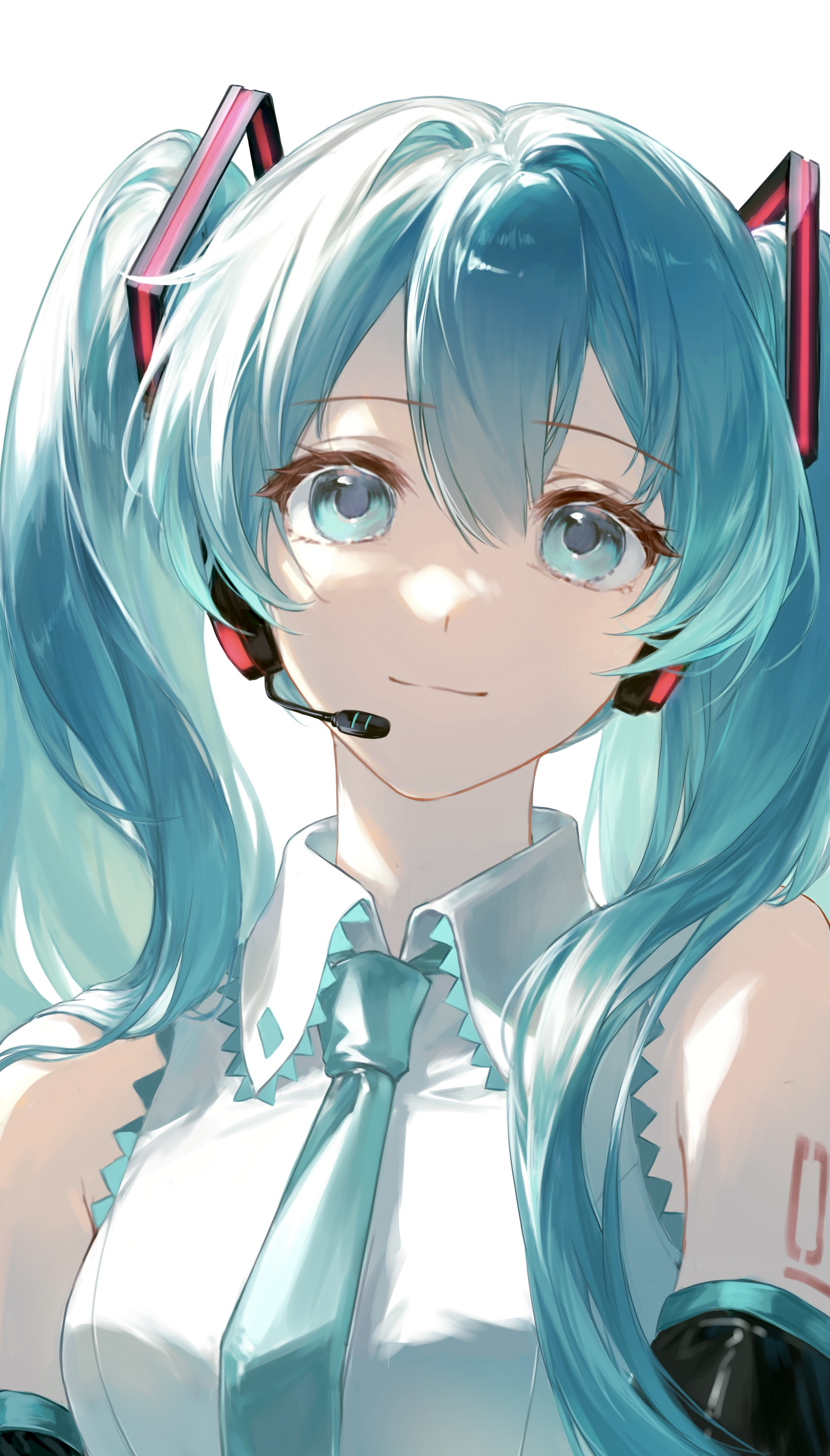 shuiy1003, hatsune miku, vocaloid, absurdres, highres, 1girl, aqua eyes, aqua hair, aqua necktie, arm tattoo, breasts, closed mouth, collared shirt, detached sleeves, hair between eyes, hair ornament, headset, long hair, long sleeves, looking at viewer, medium breasts, necktie, number tattoo, shirt, simple background, smile, solo, tattoo, twintails, very long hair, white background, white shirt