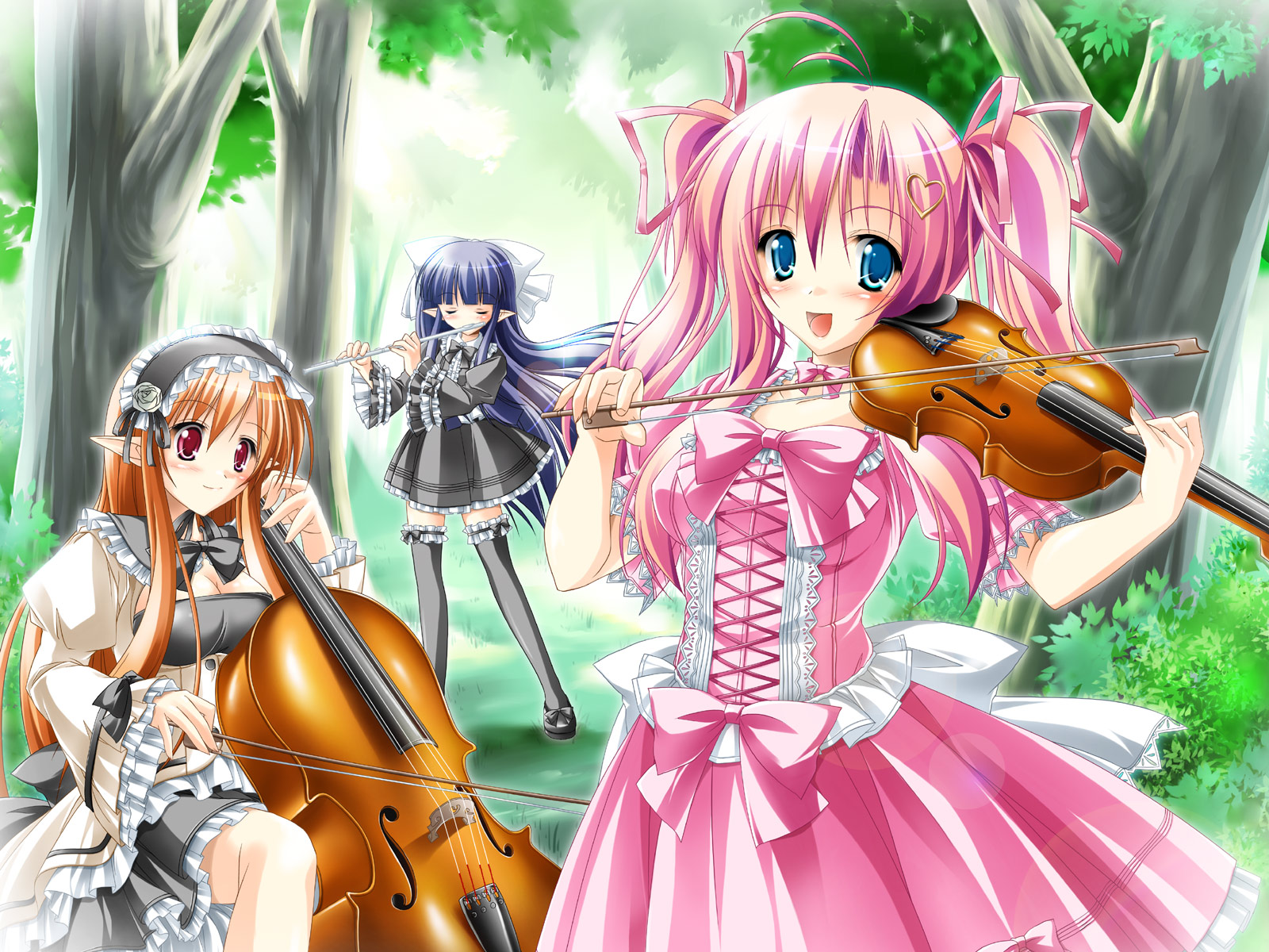 kamiya tomoe, original, highres, cello, flute, instrument, pointy ears, thighhighs, violin