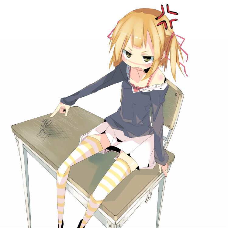 kanikama, marui mitsuba, mitsudomoe (manga), angry, desk, graffiti, solo, striped clothes, striped thighhighs, thighhighs, zettai ryouiki