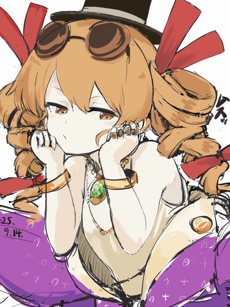 yukihiko (sky sleep), yorigami jo'on, touhou, 1girl, black hat, bracelet, closed mouth, dated, drill hair, eyewear on head, hat, jewelry, looking at viewer, orange eyes, orange hair, pendant, round eyewear, simple background, solo, sunglasses, top hat, twin drills, upper body, white background