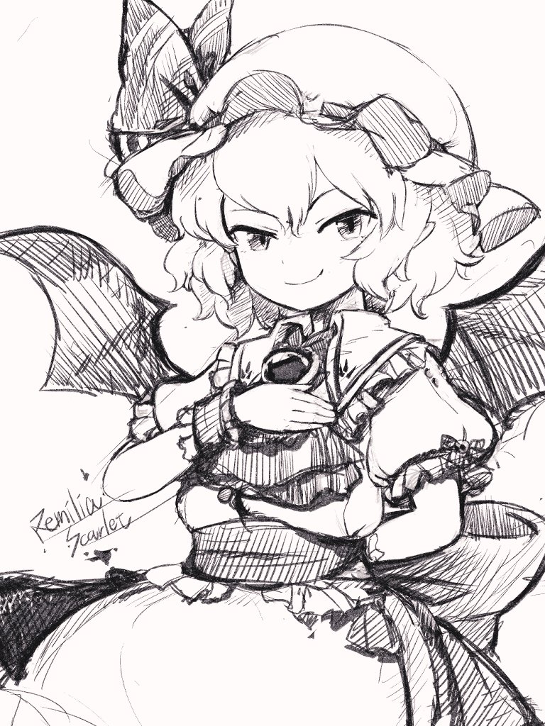 yukihiko (sky sleep), remilia scarlet, touhou, commentary, 1girl, ascot, bat wings, character name, closed mouth, greyscale, hat, hat ribbon, looking at viewer, mob cap, monochrome, ribbon, shirt, short hair, short sleeves, simple background, sketch, skirt, smile, solo, wings, wrist cuffs