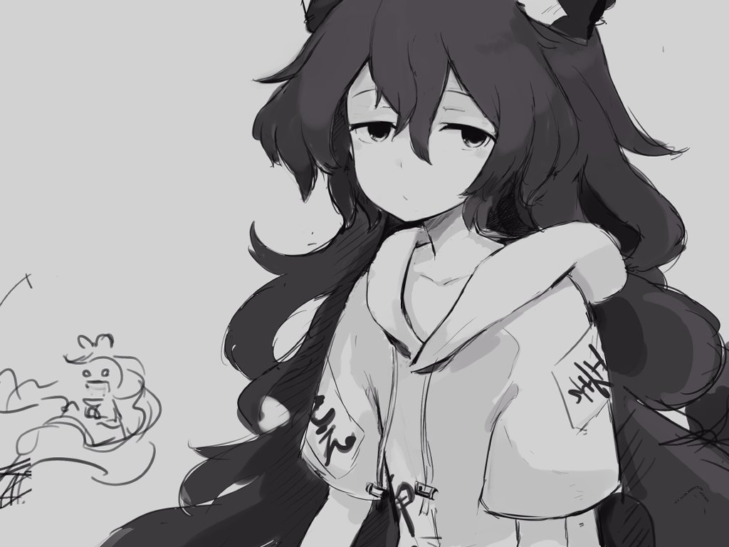 yukihiko (sky sleep), yorigami shion, touhou, commentary request, 1girl, :/, closed mouth, greyscale, half-closed eyes, hood, hoodie, long hair, looking at viewer, monochrome, short sleeves, sketch, solo, upper body, very long hair, wavy hair