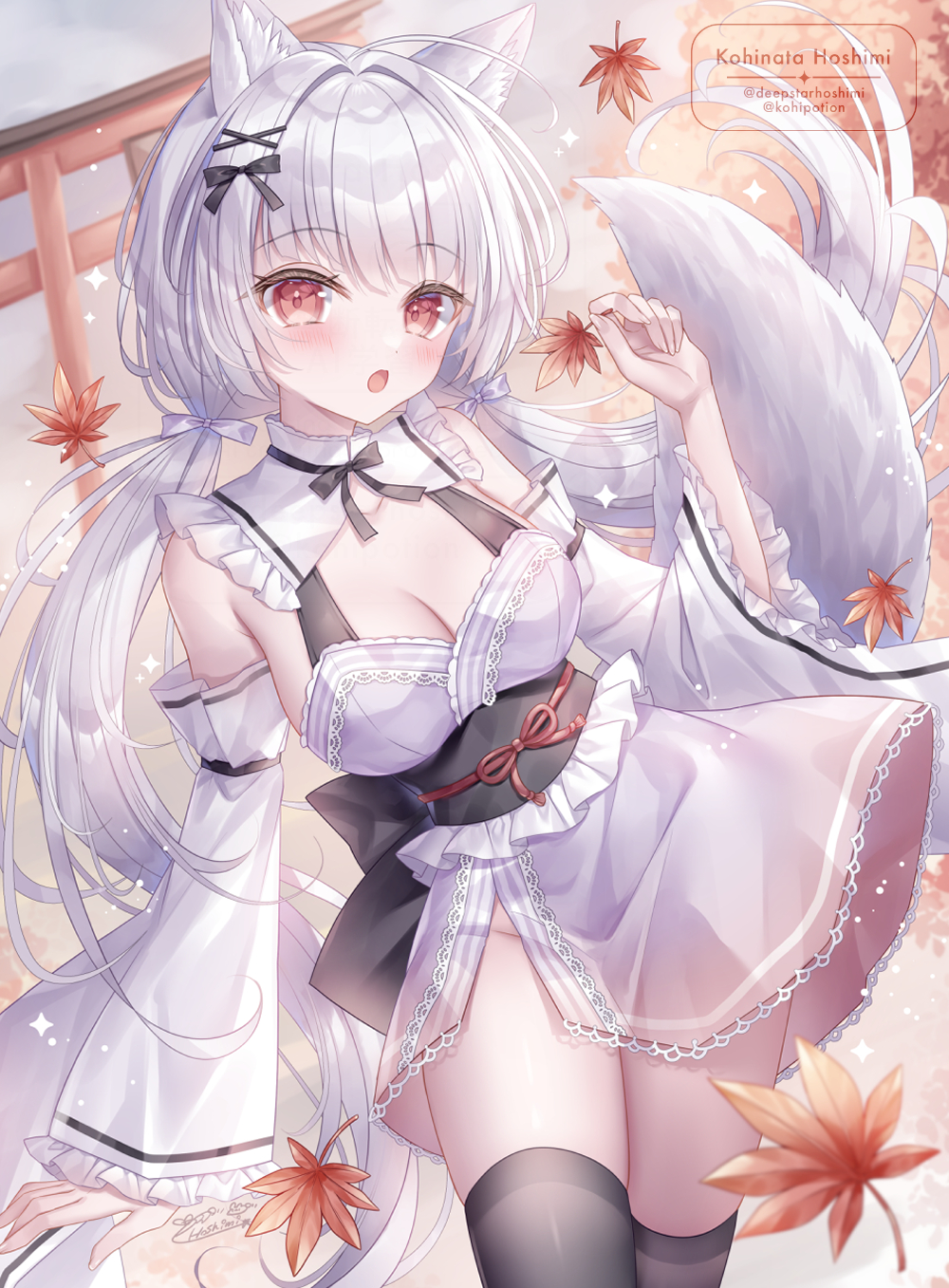 kohinata hoshimi, original, commentary request, highres, 1girl, animal ear fluff, animal ears, black bow, black sash, black thighhighs, blush, bow, breasts, cleavage, detached sleeves, dress, fox ears, fox girl, fox tail, hair between eyes, hair bow, hair ornament, large breasts, leaf, long hair, long sleeves, looking at viewer, open mouth, outdoors, purple dress, red eyes, sash, solo, tail, thighhighs, torii, twintails, white hair