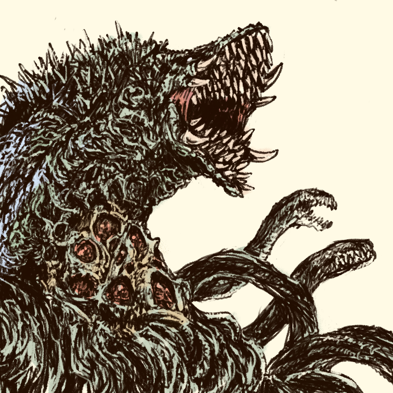 numenoko, biollante, godzilla vs. biollante, commentary, giant, giant monster, kaiju, monster, no humans, plant monster, simple background, solo, teeth