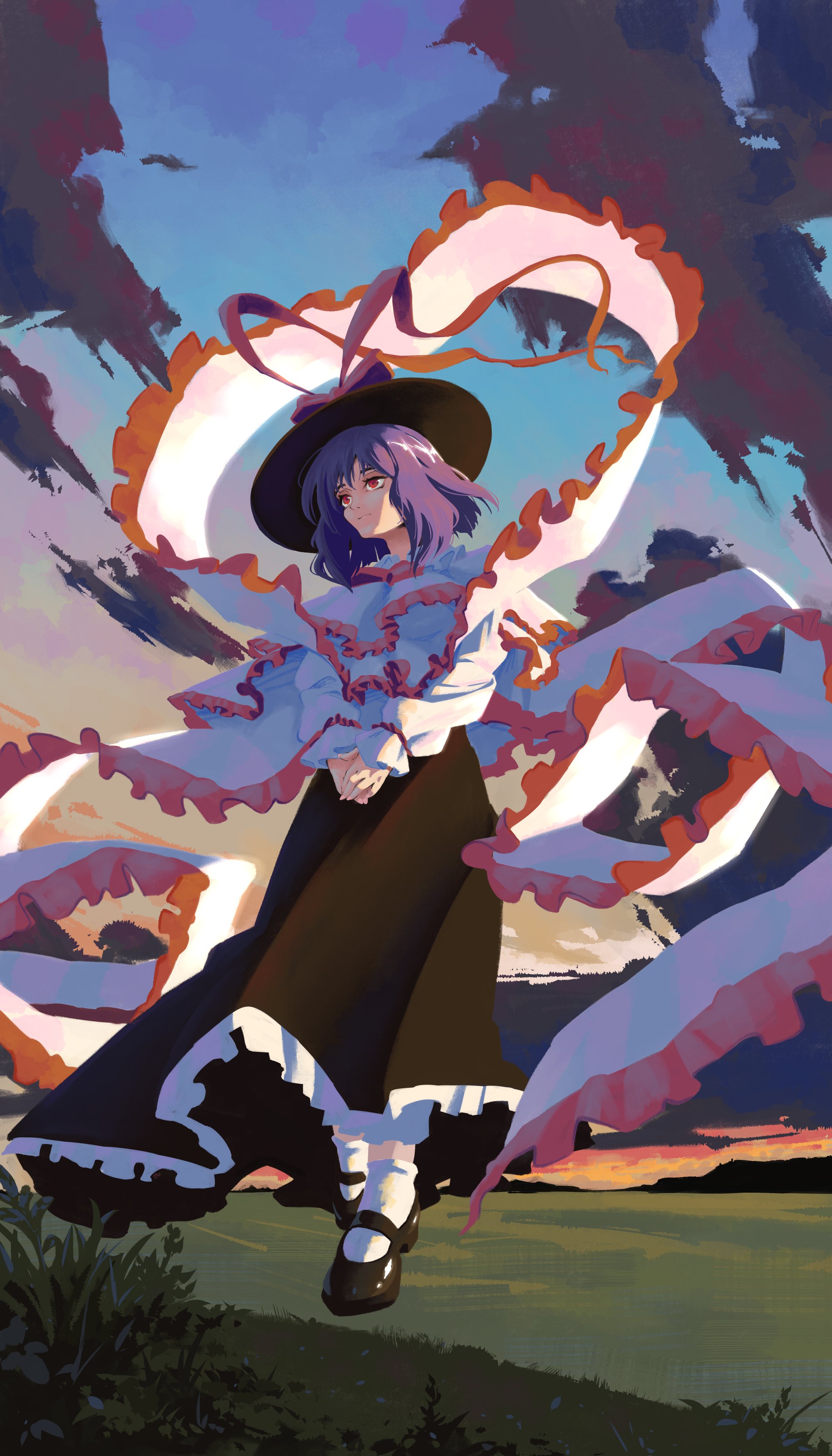 nagae iku, touhou, absurdres, commentary, english commentary, highres, 1girl, black hat, black shoes, black skirt, bow, capelet, cloud, frilled capelet, frilled shawl, frilled skirt, frills, full body, gradient sky, hat, hat bow, long skirt, outdoors, own hands together, paramonublado, purple hair, red bow, red eyes, shawl, shoes, short hair, skirt, sky, socks, solo, white capelet, white socks