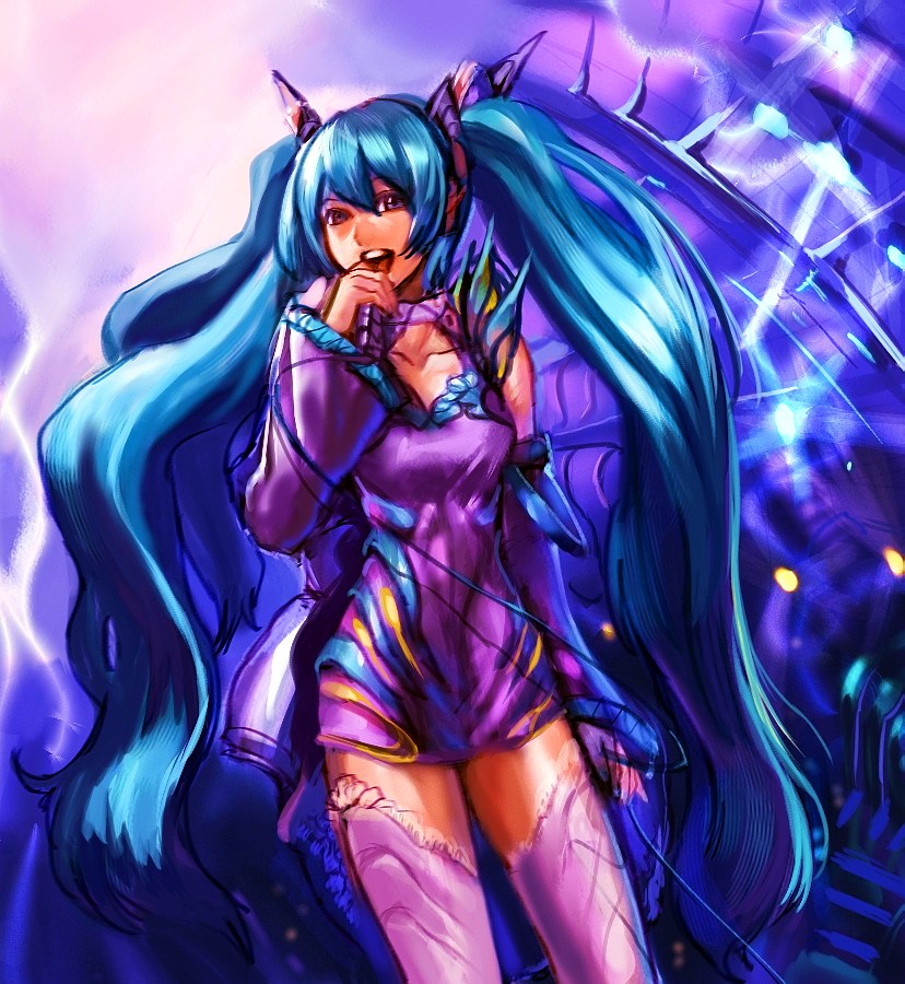 bow (bhp), hatsune miku, vocaloid, blue hair, long hair, microphone, solo, thighhighs