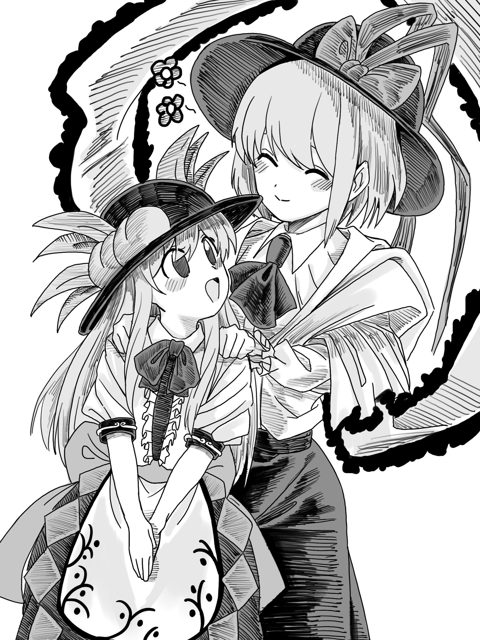 turtle-kun, hinanawi tenshi, nagae iku, touhou, commentary, highres, 2girls, ascot, blush, bow, closed eyes, closed mouth, frilled shawl, frills, greyscale, hat, hat bow, hat ornament, leaf hat ornament, long hair, long skirt, looking at another, monochrome, multiple girls, open mouth, own hands together, peach hat ornament, shawl, shirt, short hair, short sleeves, skirt, smile