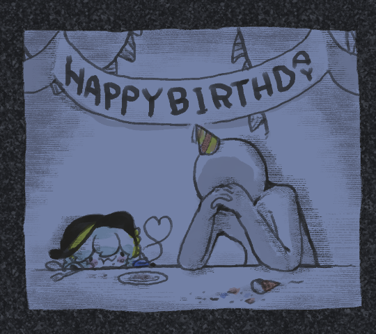 negi (kyouki-beya), komeiji koishi, touhou, 1girl, 1other, black hat, eating, fork, happy birthday, hat, heart, heart of string, party hat, plate, third eye