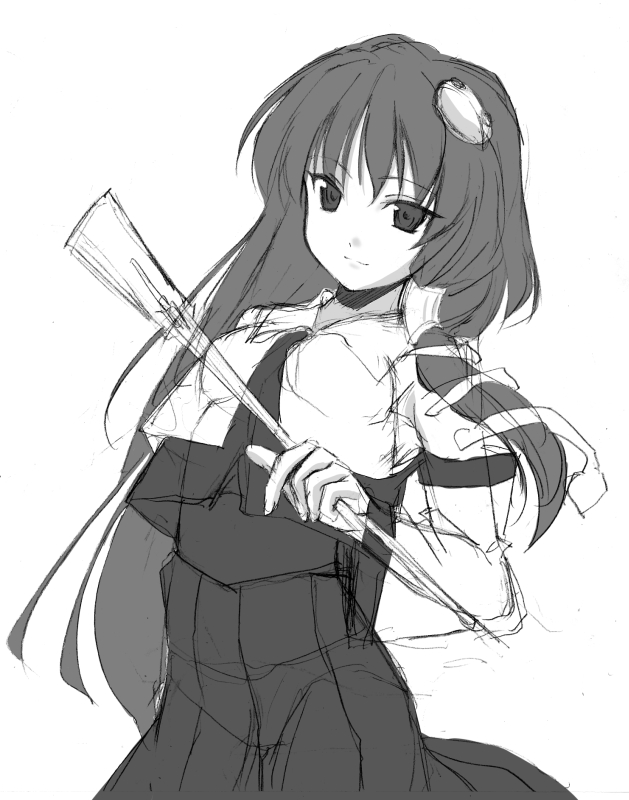 puranaria, kochiya sanae, touhou, bad id, bad pixiv id, 1girl, female focus, greyscale, monochrome, sketch, skirt, solo, white background