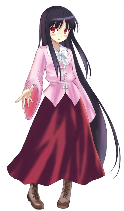 puranaria, houraisan kaguya, touhou, bad id, bad pixiv id, 1girl, black hair, blouse, blush, boots, bow, bowtie, brown boots, female focus, full body, hime cut, knee boots, long hair, long skirt, long sleeves, looking at viewer, red eyes, red skirt, shirt, sidelocks, simple background, skirt, solo, standing, very long hair, white background, white bow, white bowtie