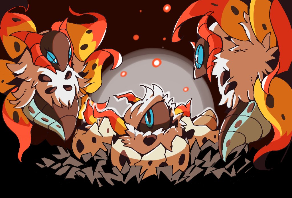 venom eno, larvesta, volcarona, nintendo, pokemon, commentary request, black background, blue eyes, bug, cracked egg, egg, flying, gen 5 pokemon, hatching, looking up, nest, no humans, pokemon (creature), pokemon focus, wings