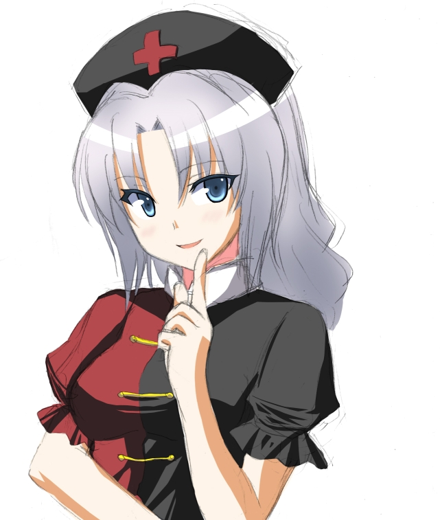 puranaria, yagokoro eirin, touhou, bad id, bad pixiv id, 1girl, alternate color, black hat, blue eyes, blush, braid, breasts, cross, dress, female focus, grey hair, hat, long hair, looking at viewer, nurse, nurse cap, puffy short sleeves, puffy sleeves, short sleeves, simple background, smile, solo, two-tone dress, upper body