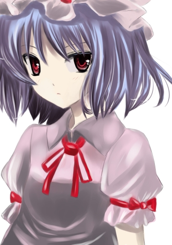puranaria, remilia scarlet, touhou, bad id, bad pixiv id, lowres, 1girl, blouse, blue hair, dress, female focus, hat, pink shirt, red eyes, shirt, short hair, simple background, solo, white background