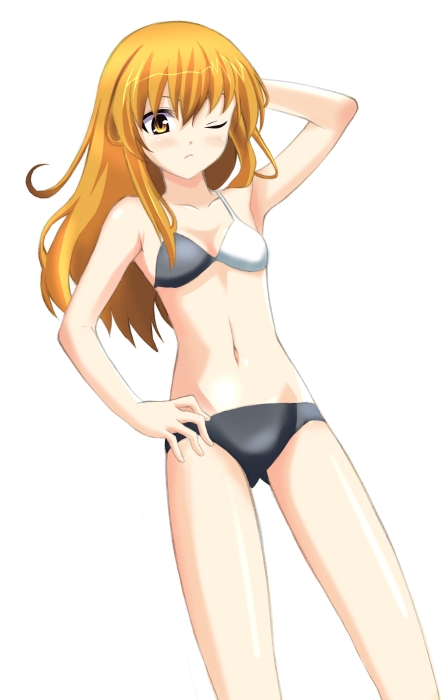 puranaria, kirisame marisa, touhou, bad id, bad pixiv id, 1girl, armpits, asymmetry, bikini, black bikini, blonde hair, blush, female focus, flat chest, long hair, one eye closed, simple background, solo, swimsuit, white background, wink, yellow eyes