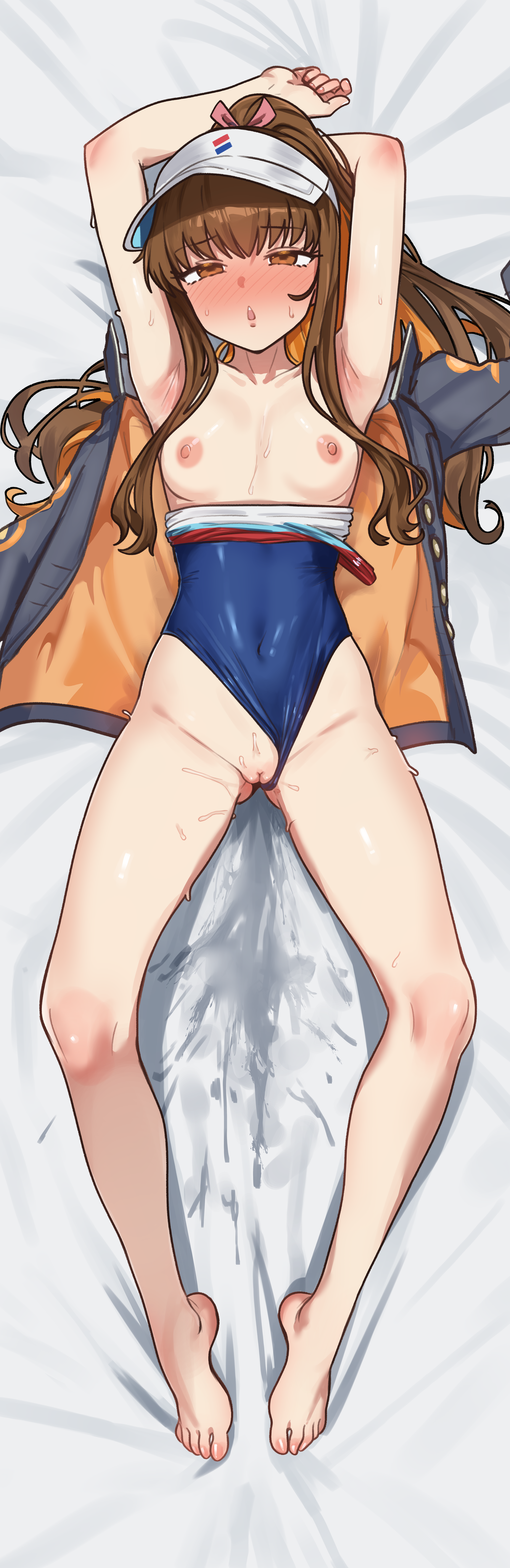 ebora, kishinami hakuno (female), fate/grand order, fate (series), absurdres, highres, incredibly absurdres, 1girl, armpits, arms up, bare shoulders, barefoot, black jacket, blue one-piece swimsuit, blush, breasts, breasts out, brown eyes, brown hair, clothes pull, covered navel, dakimakura (medium), full body, hat, jacket, long hair, looking at viewer, multicolored jacket, multicolored swimsuit, nipples, one-piece swimsuit, open mouth, orange jacket, ponytail, pussy, pussy juice, pussy juice stain, sidelocks, small breasts, solo, swimsuit, two-tone jacket, visor cap, white hat, white one-piece swimsuit
