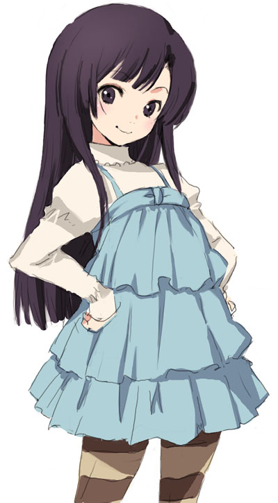 kawata hisashi, kuhouin murasaki, kure-nai, kurenai, 00s, 1girl, black hair, child, cowboy shot, female focus, hands on own hips, long hair, pantyhose, simple background, solo, striped clothes, striped pantyhose, white background