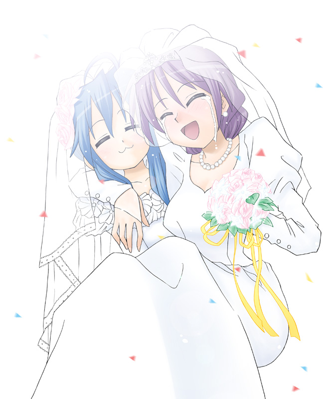 eunos, hiiragi kagami, izumi konata, lucky star, 00s, 2girls, :3, bouquet, bride, dress, flower, happy tears, mole, mole under eye, multiple girls, tears, wedding, wedding dress, wife and wife, yuri