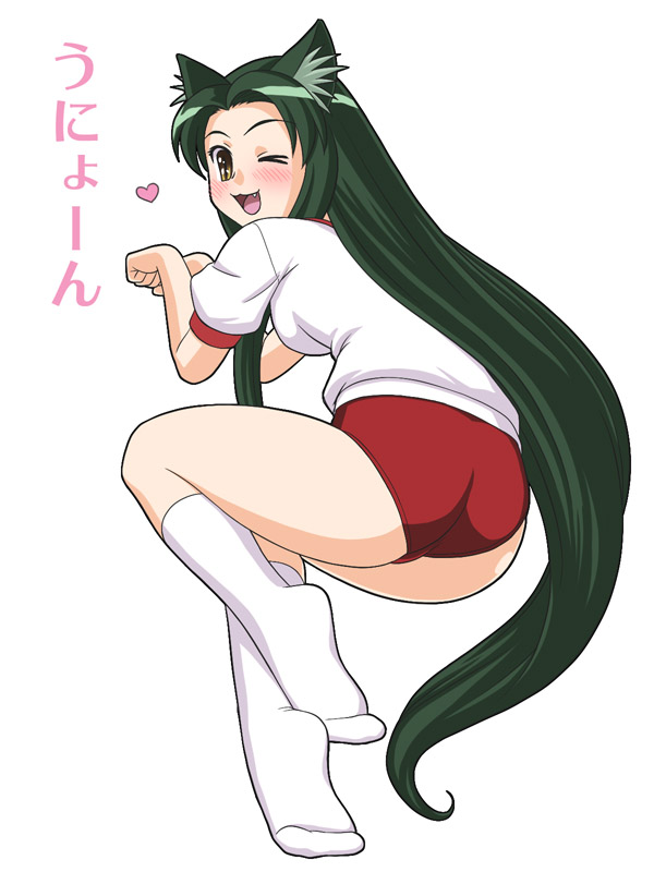 tofu juuji, tsuruya, suzumiya haruhi no yuuutsu, 00s, 1girl, animal ears, ass, buruma, cat ears, fang, female focus, green hair, gym uniform, long hair, one eye closed, solo, very long hair