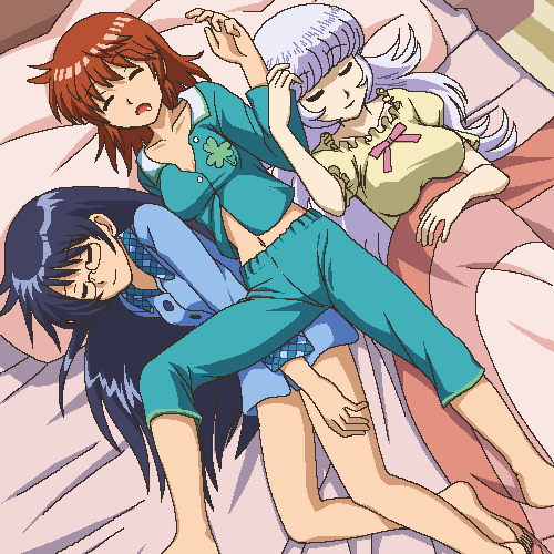 awa, akashi kaoru, nogami aoi, sannomiya shiho, zettai karen children, lowres, 00s, 3girls, aged up, bed, jaggy lines, lying, midriff, multiple girls, navel, oekaki, on back, pajamas, sleeping, under covers