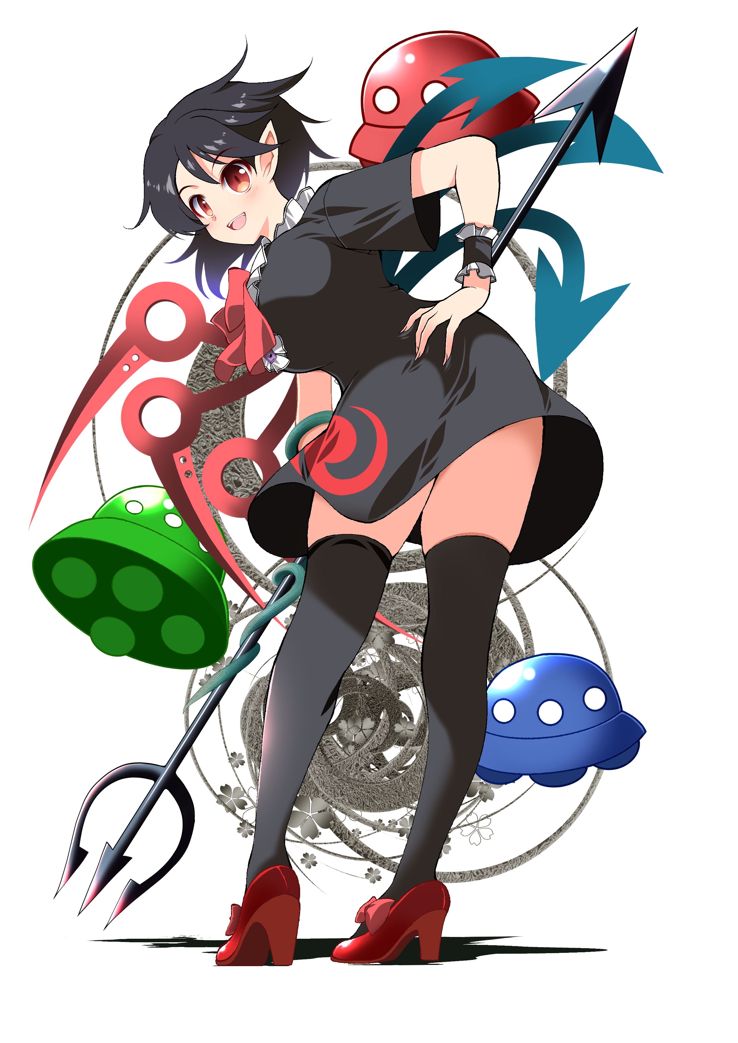 usuusu, houjuu nue, touhou, absurdres, highres, 1girl, asymmetrical wings, black dress, black hair, blue wings, breasts, dress, full body, high heels, leaning forward, looking at viewer, looking back, medium hair, polearm, red shoes, red wings, shoes, short sleeves, simple background, solo, standing, trident, ufo, weapon, white background, wings
