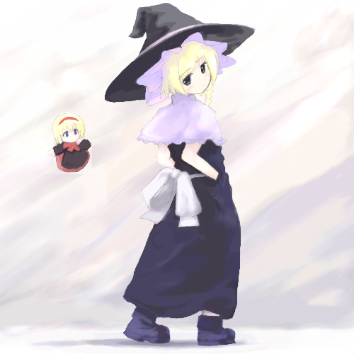 tsubasa (abchipika), kirisame marisa, kirisame marisa (pc-98), touhou, lowres, 1girl, black dress, black socks, blonde hair, doll, dress, female focus, flying, full body, hands in pockets, hat, loafers, looking at viewer, puffy short sleeves, puffy sleeves, shoes, short sleeves, size difference, socks, solo, standing, witch hat