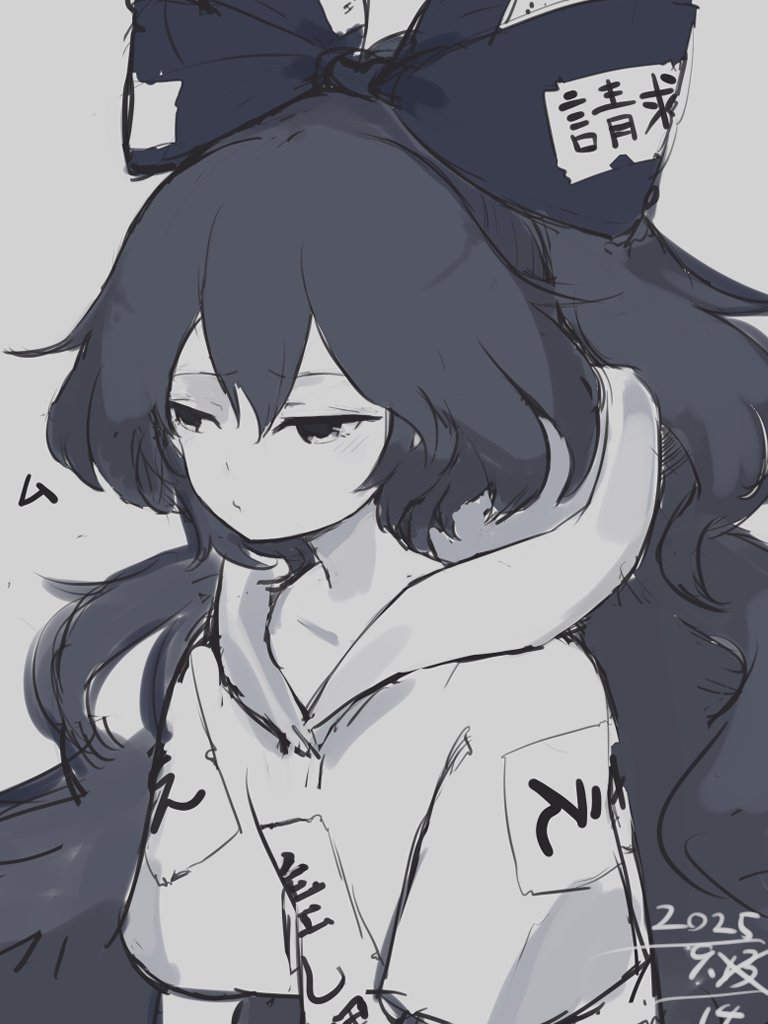 yukihiko (sky sleep), yorigami shion, touhou, 1girl, bow, dated, debt, greyscale, hair bow, hood, hoodie, long hair, monochrome, short sleeves, simple background, sketch, solo, upper body, very long hair